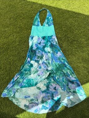 Silk Custom Made Teal Floral Halter Maxi Dress size S